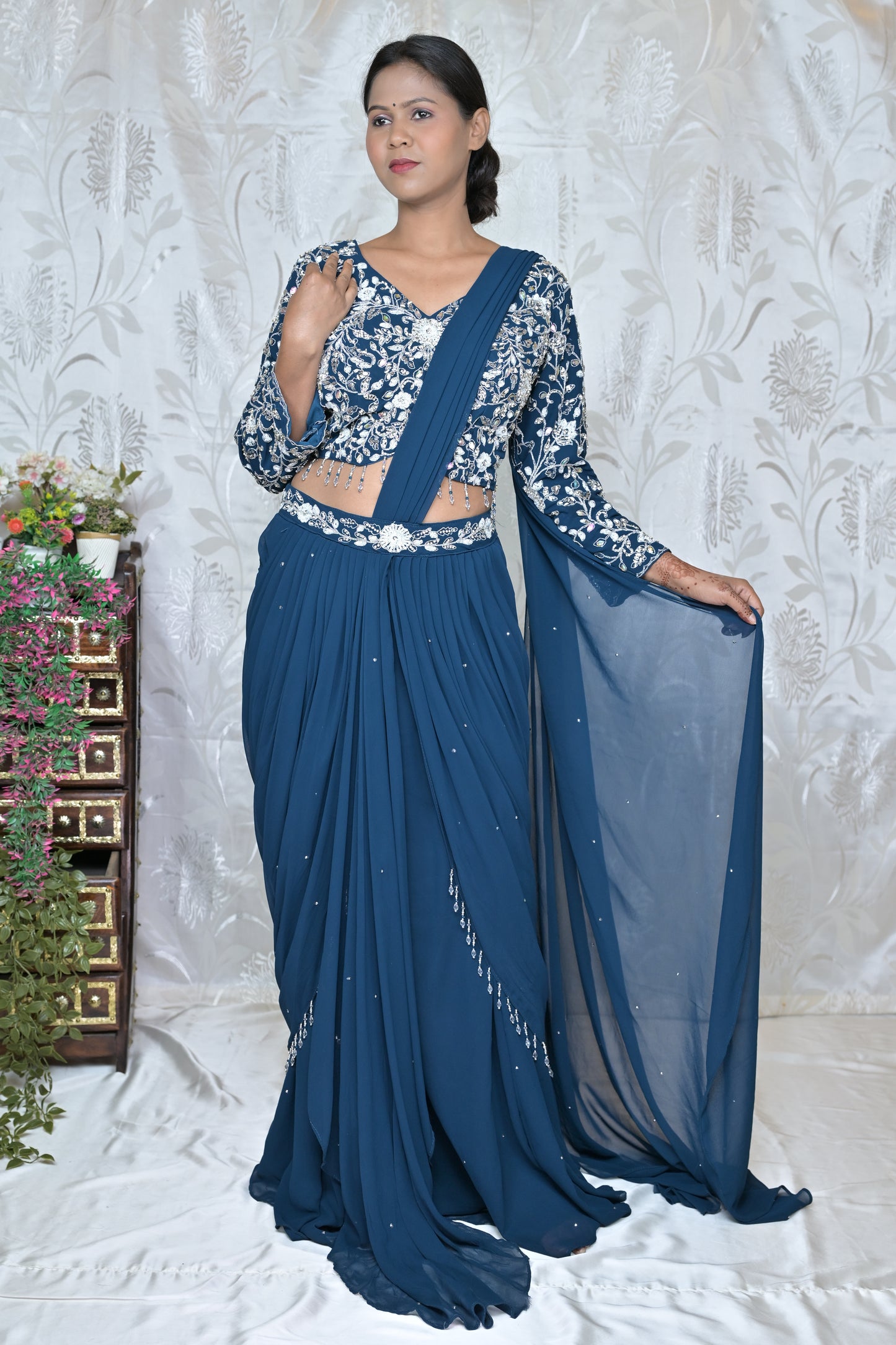 Innovative Pink & Blue Festive Wear Saree