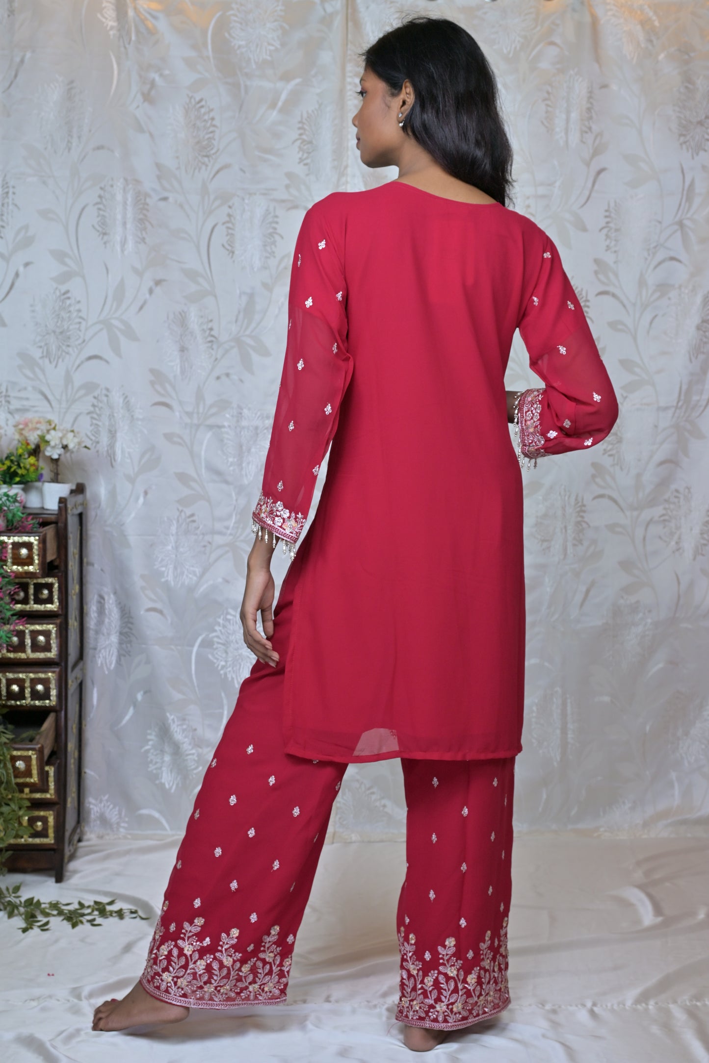 Exquisite Embroidered Georgette Party Wear Suit Set with Palazzos & Dupatta