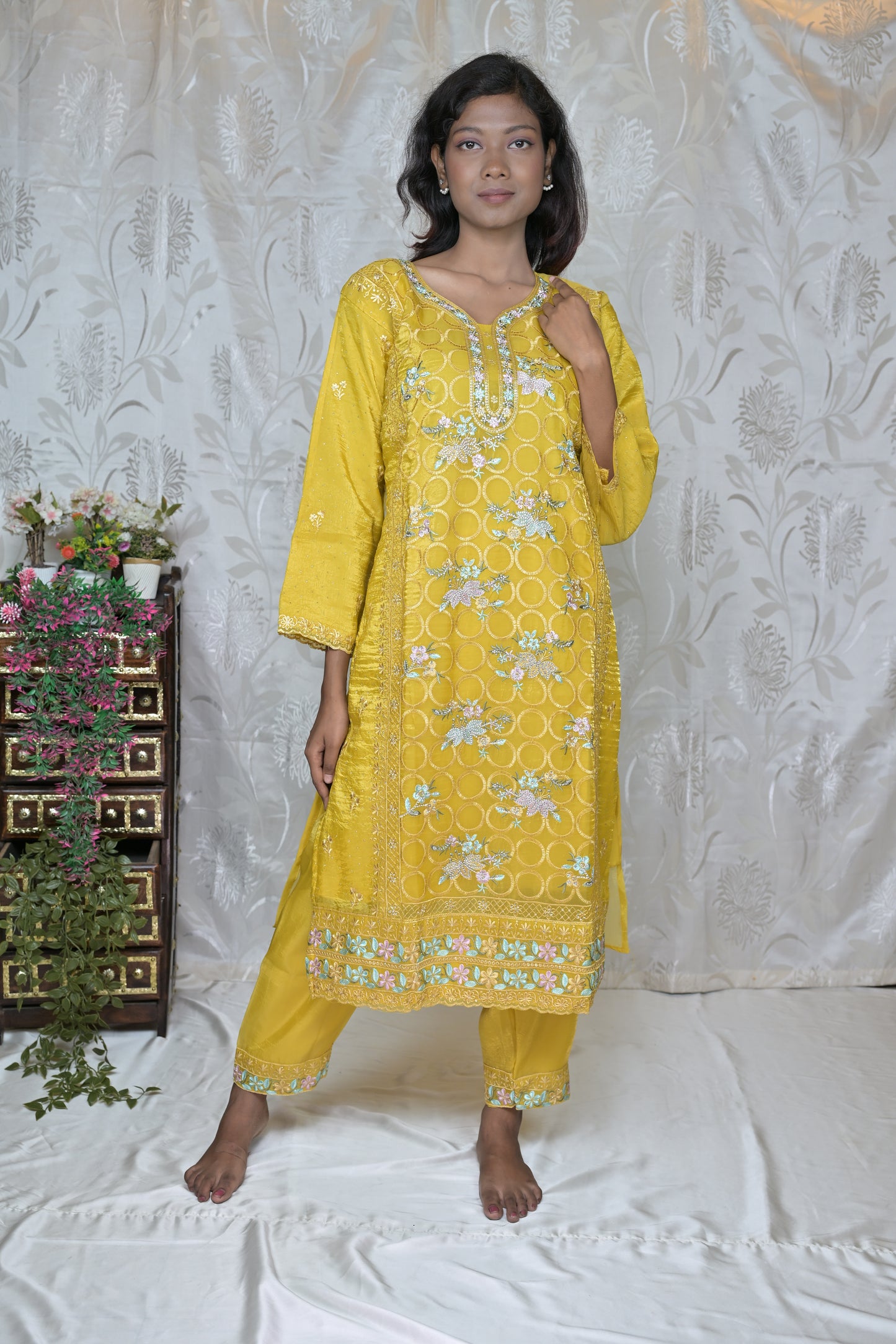Artistic Floral Painted Kurta Set with Wrap Detail