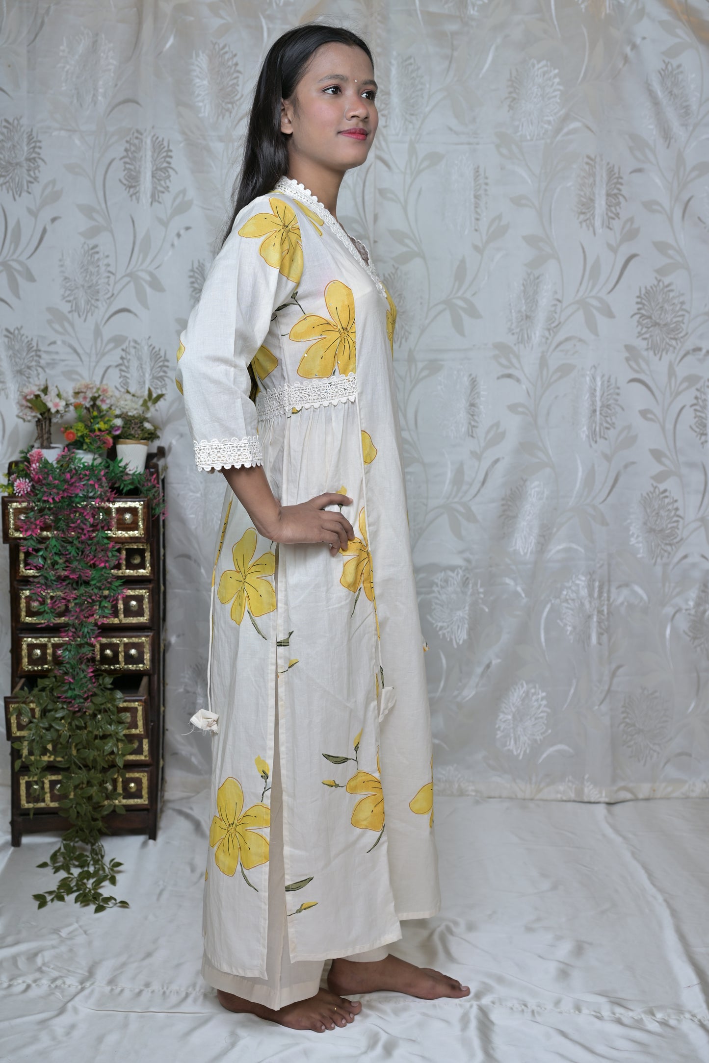 Artistic Floral Painted Kurta Set with Wrap Detail
