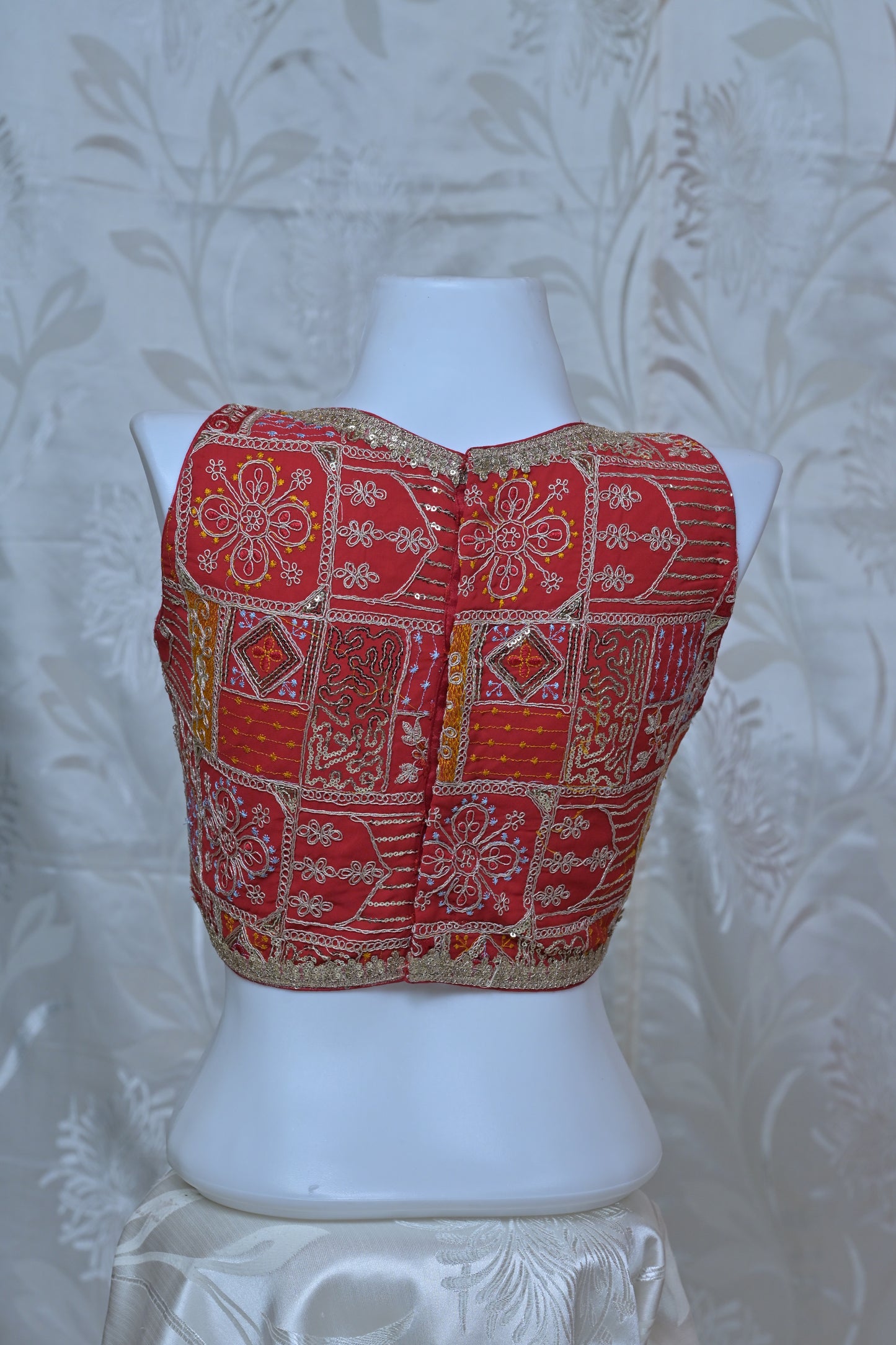 Heavy Gold Embroidered Sleeveless V-Neck Blouse