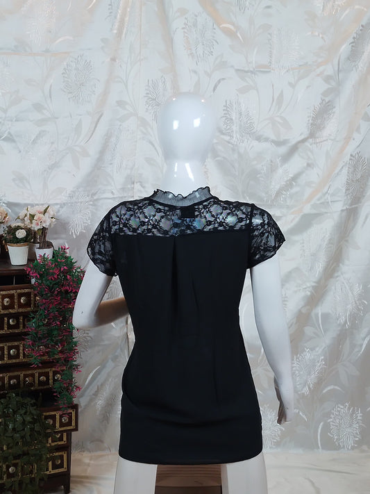 Women Black Sheer Sleeve Wide Neck Top