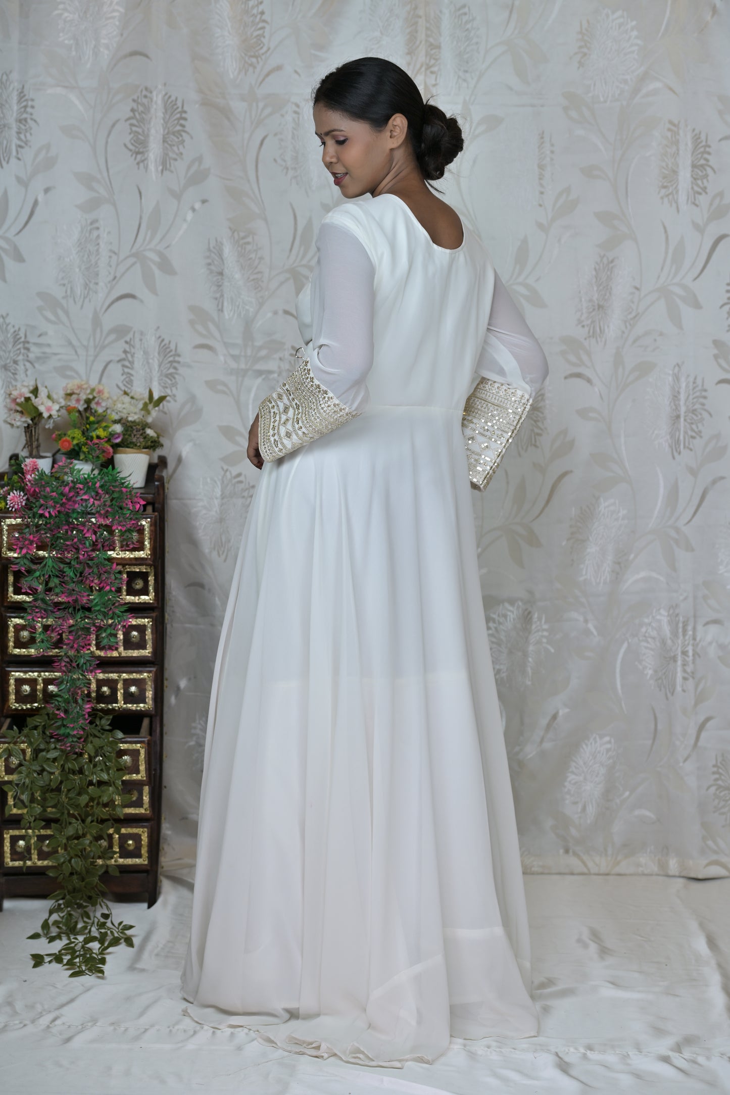 White Full Flare Anarkali Suit with Golden Embroidered Dupatta