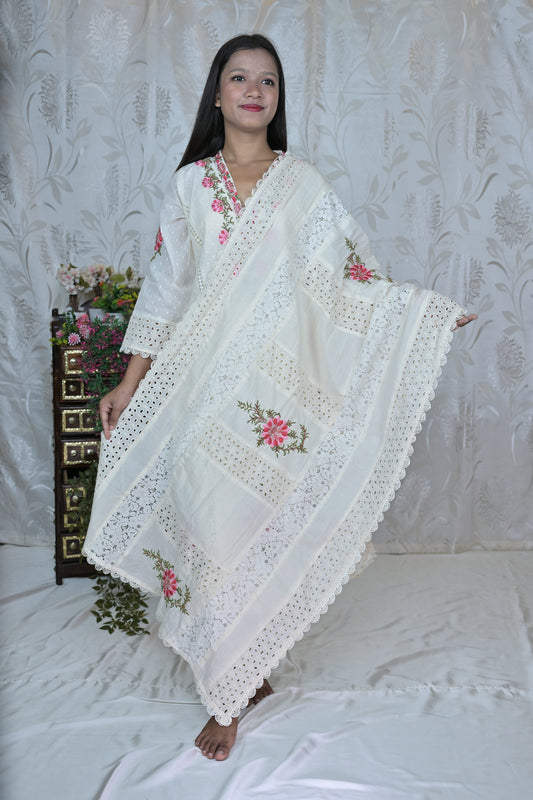 Delicate Floral & Cutwork White Suit