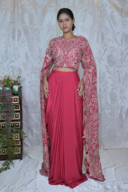 Embellished Long Sleeve Top with Cowl Skirt Set