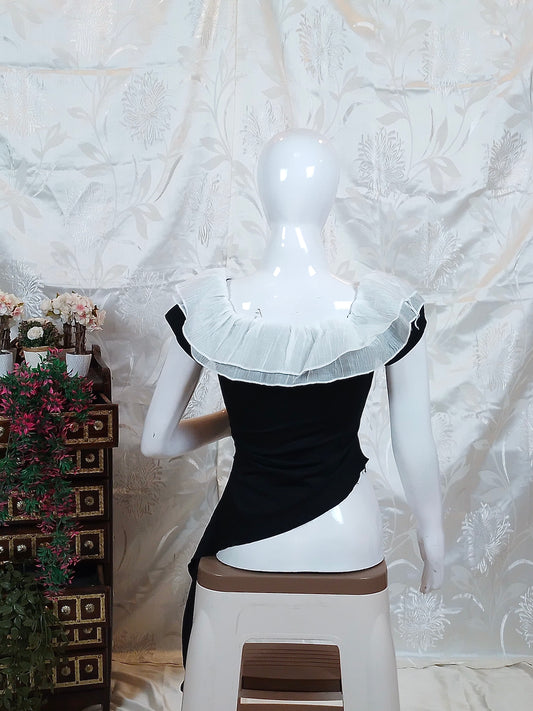 Women Black Asymmetrical Top with Ruffled Collar