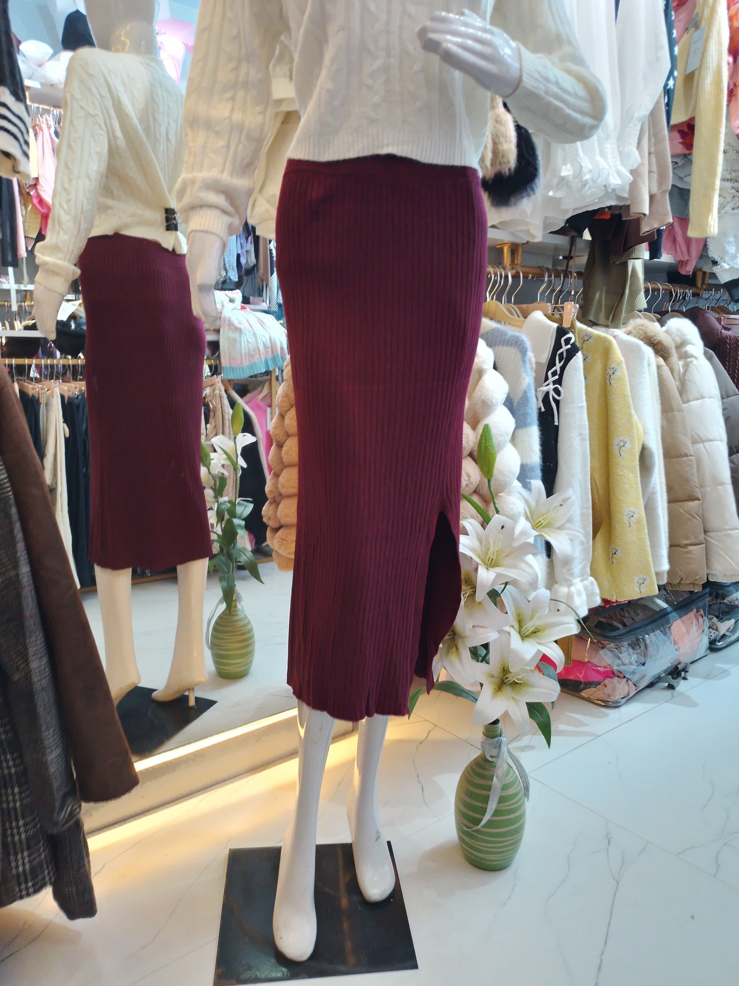 Cabernet Chic" Ribbed Knit Midi Skirt