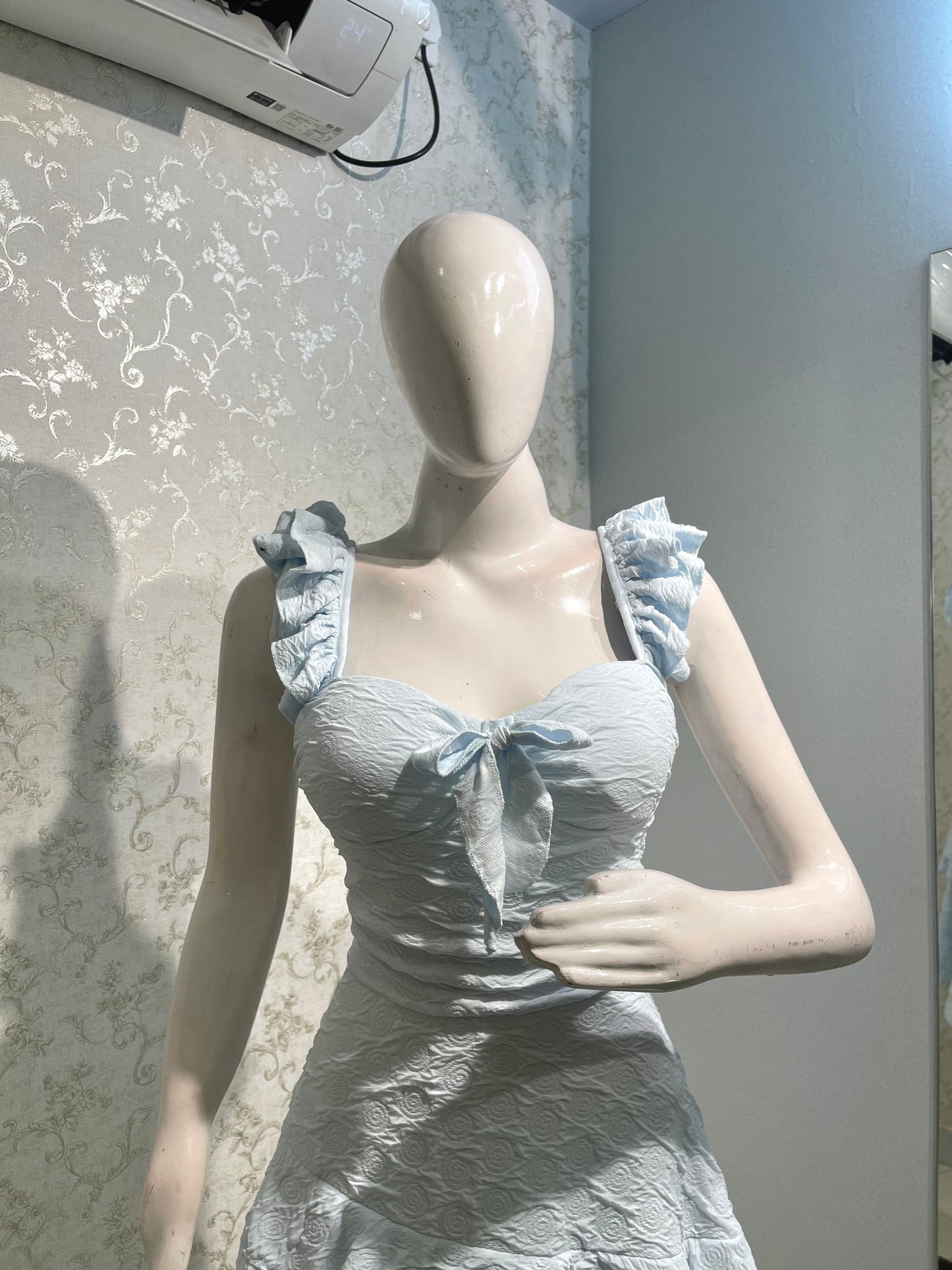 Sky Blue Textured Ruffle-Sleeve Skort Dress with Front Bow