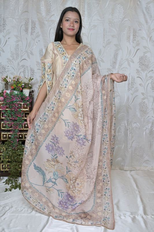 Elegant Beige Floral Suit Set with Printed Dupatta