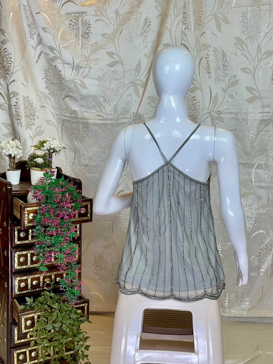 Grey Sequin & Bead Embellished Y2K Cami Top