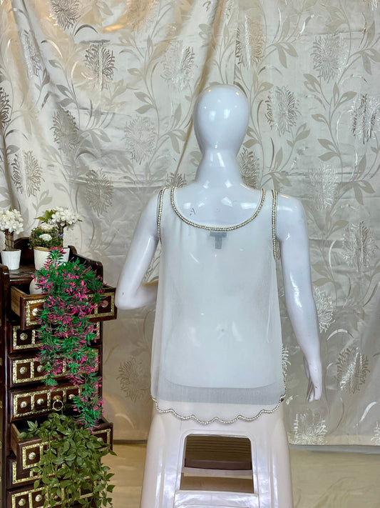 White Beaded Y2K Flapper-Style Sleeveless Top