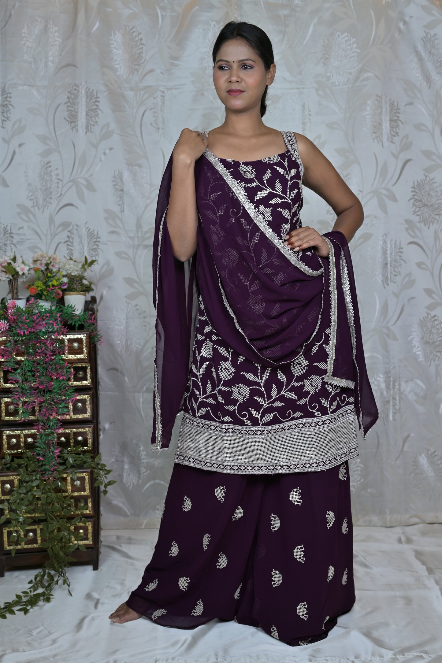 Wine Floral Palazzo Set