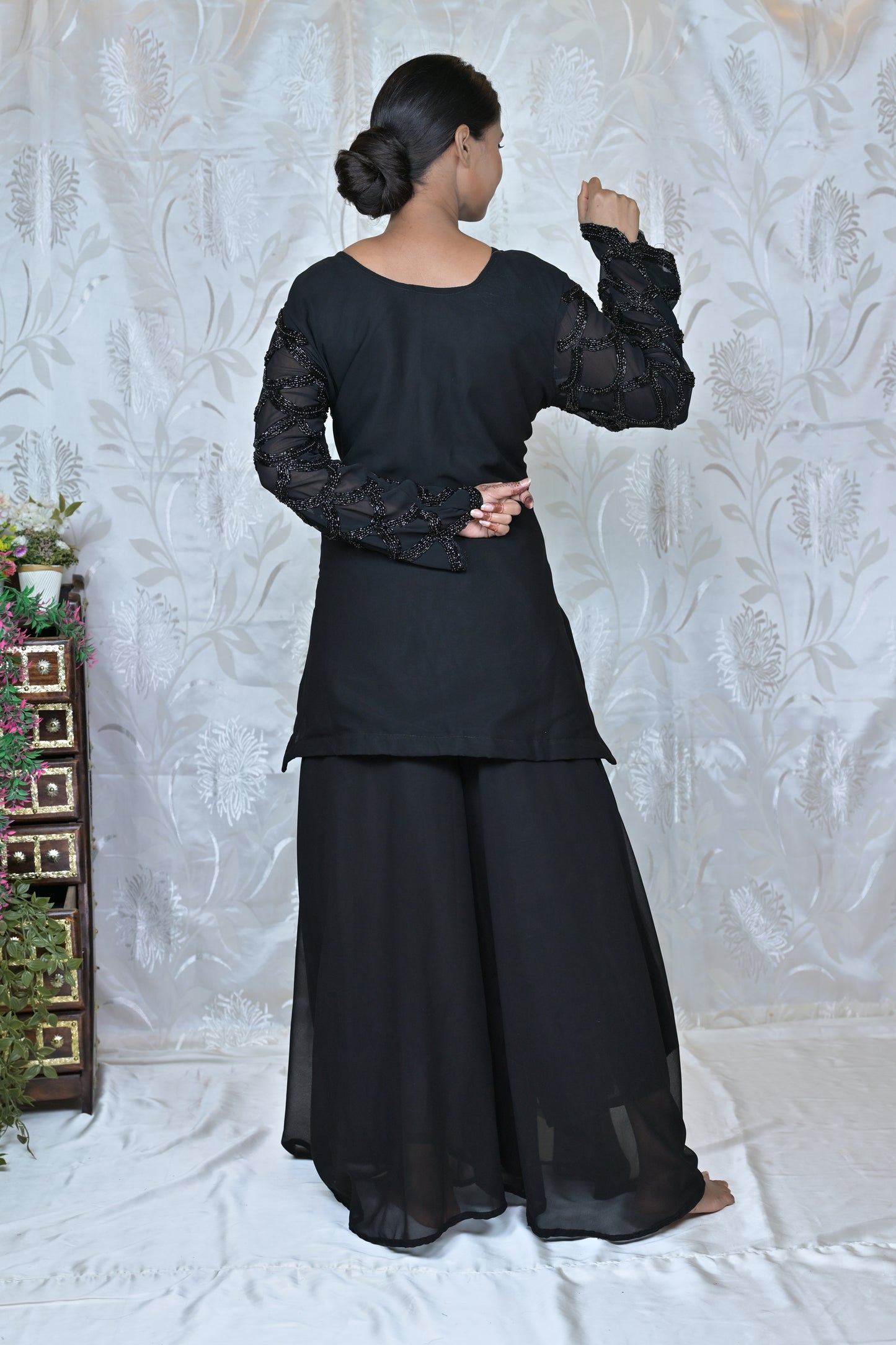 Black Beaded Indo-Western Dress with Georgette Pants