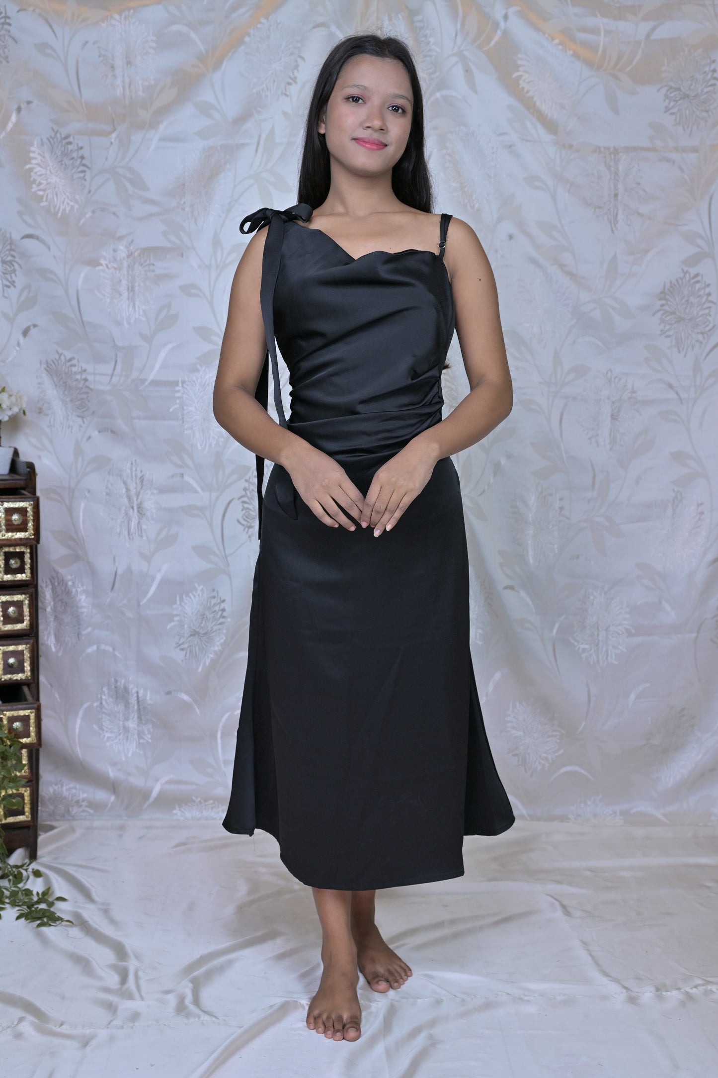 Black Solid Satin Finish Midi Dress