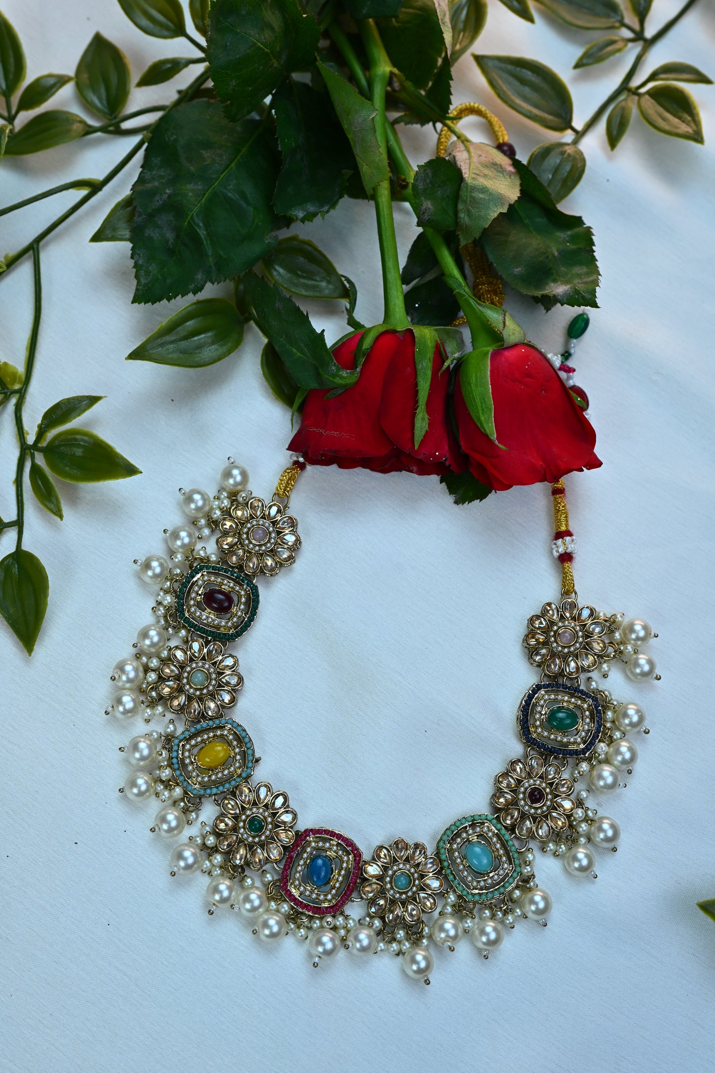 Multicolor Meenakari Kundan Choker Set with Pearl Drops and Maang Tikka