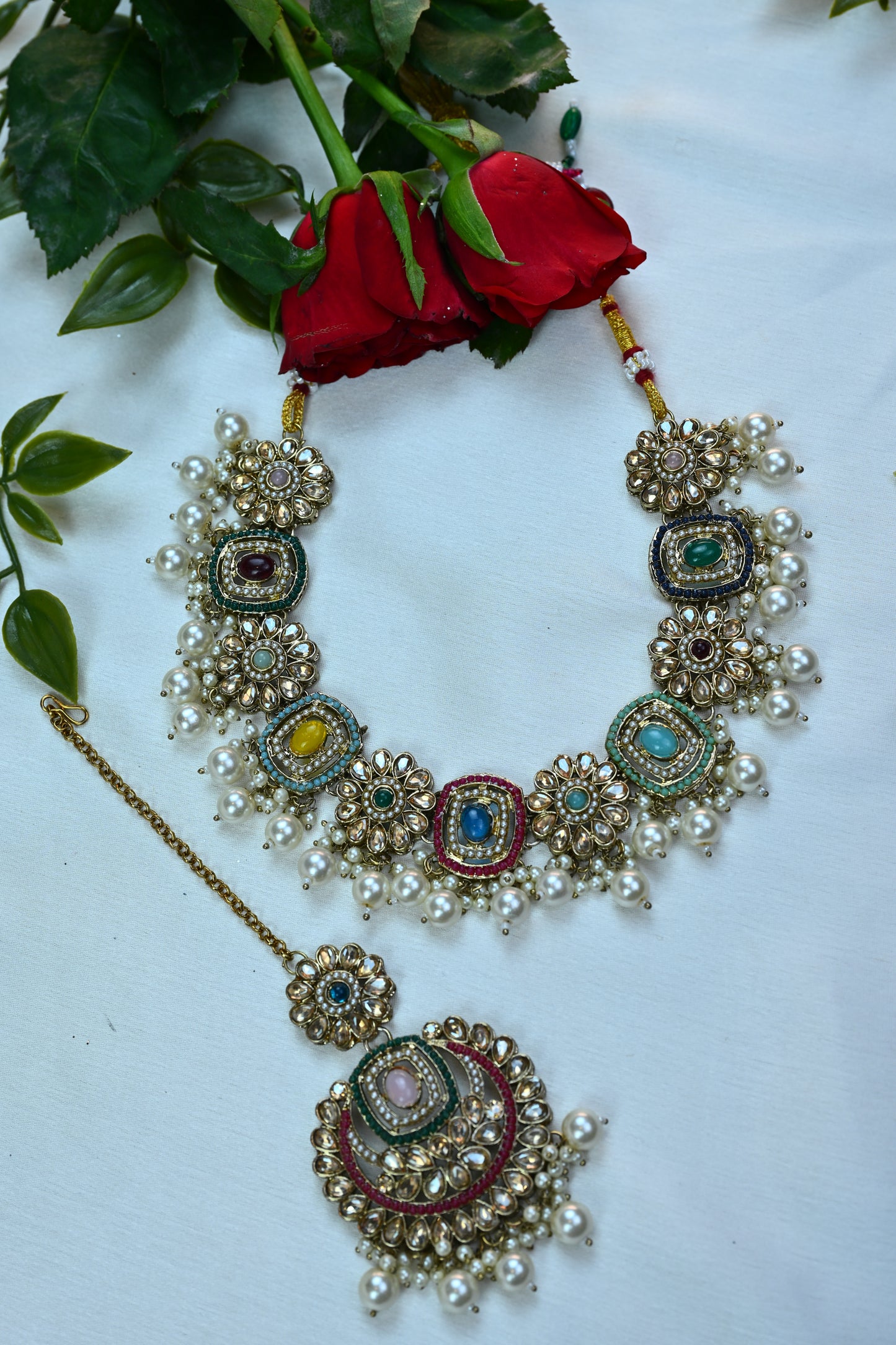 Multicolor Meenakari Kundan Choker Set with Pearl Drops and Maang Tikka