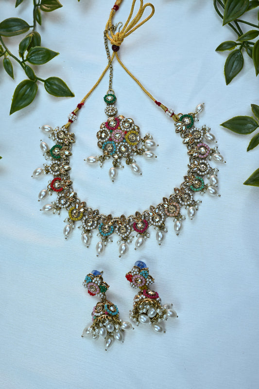 Pastel Meenakari Kundan Choker Set with Pearl Drops and Jhumka Earrings