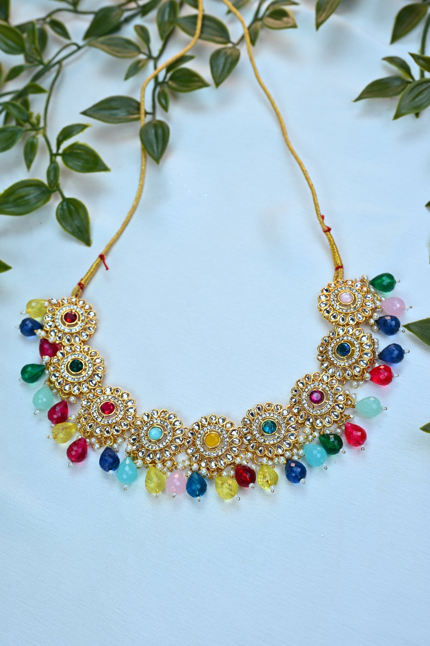 Multicolor Kundan Choker Set with Beaded Drops and Maang Tikka