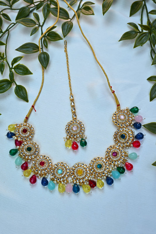 Multicolor Kundan Choker Set with Beaded Drops and Maang Tikka