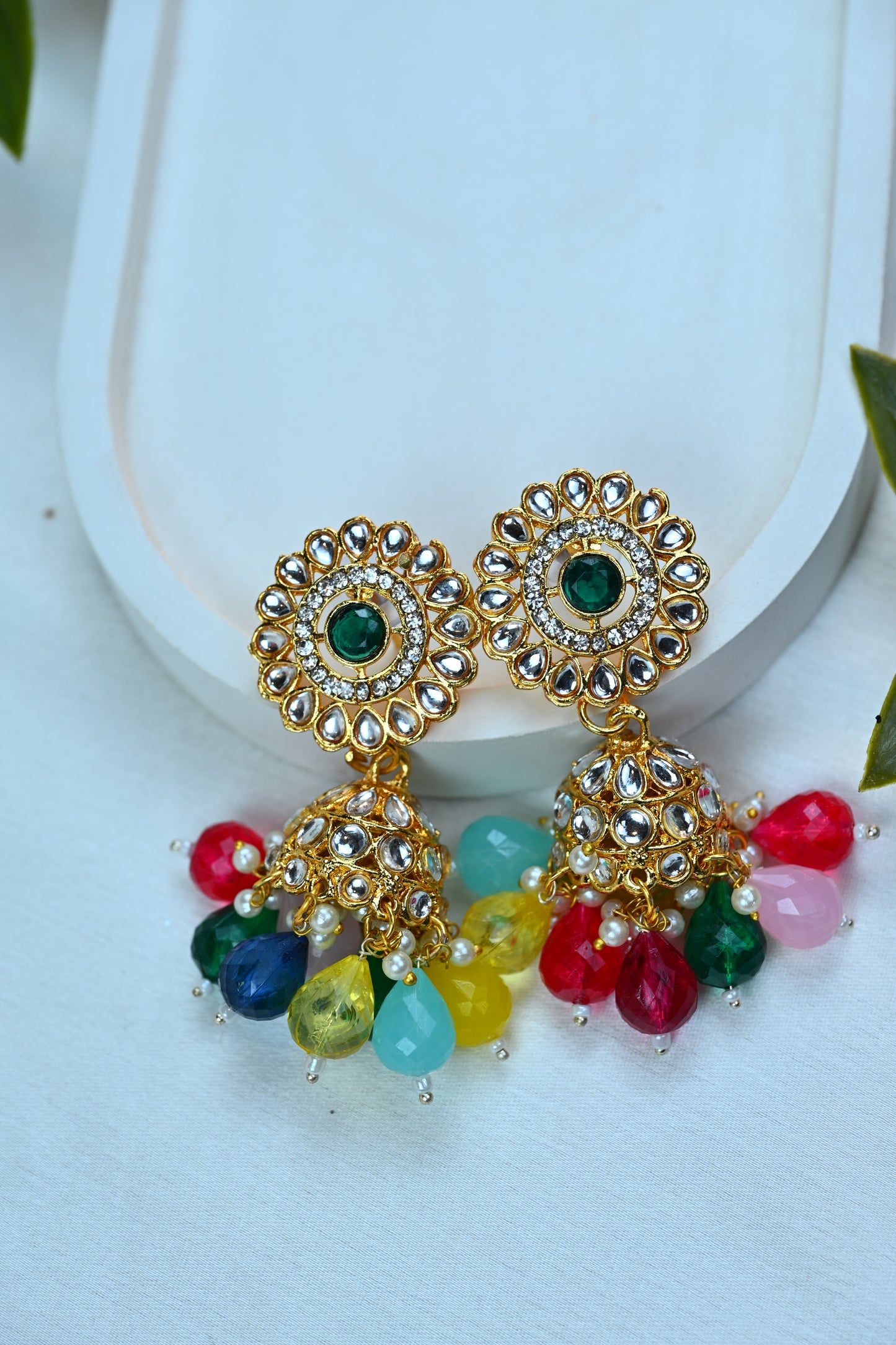 Multicolor Kundan Choker Set with Beaded Drops and Maang Tikka