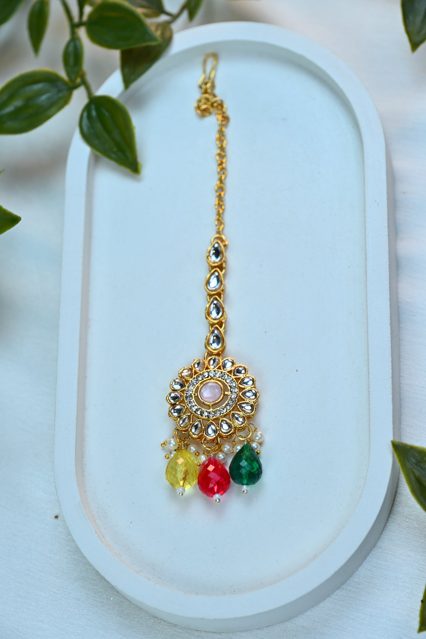 Multicolor Kundan Choker Set with Beaded Drops and Maang Tikka