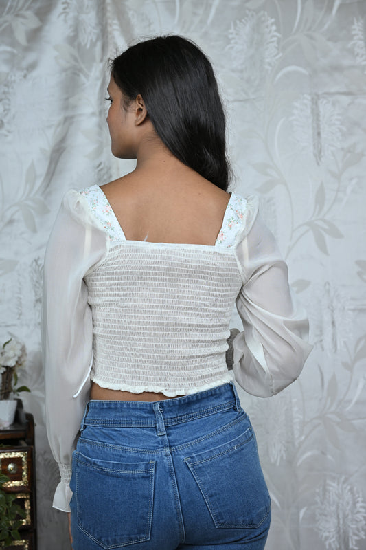 Women’s Vintage-Inspired Floral Lace-Up Sheer Sleeve Crop Top