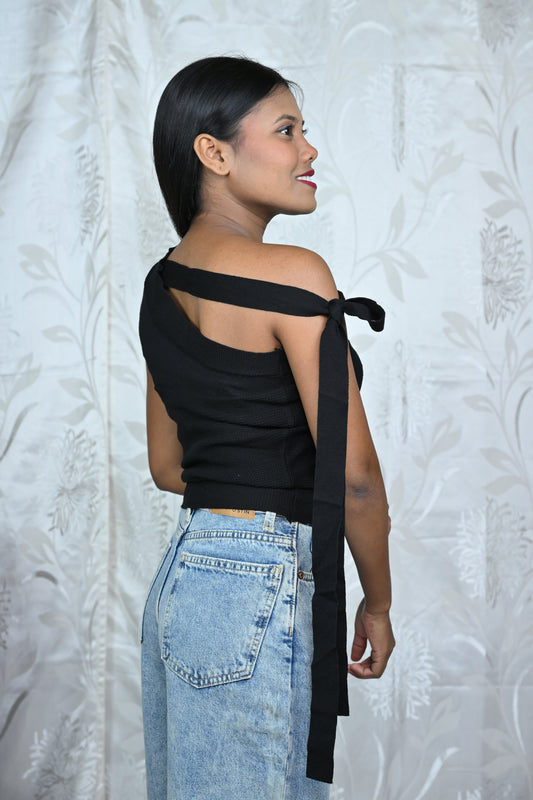 One-Shoulder Ribbed Knit Top with Tie Detail