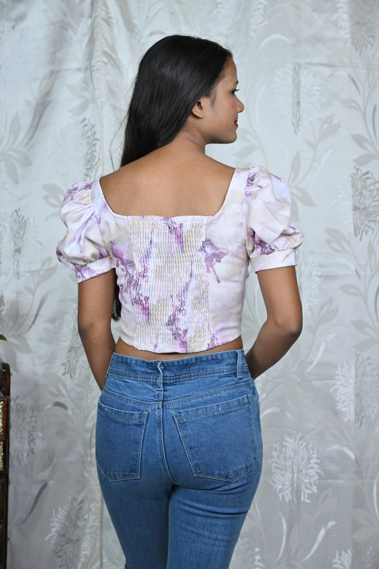Angelic Print Puff Sleeve Corset Top