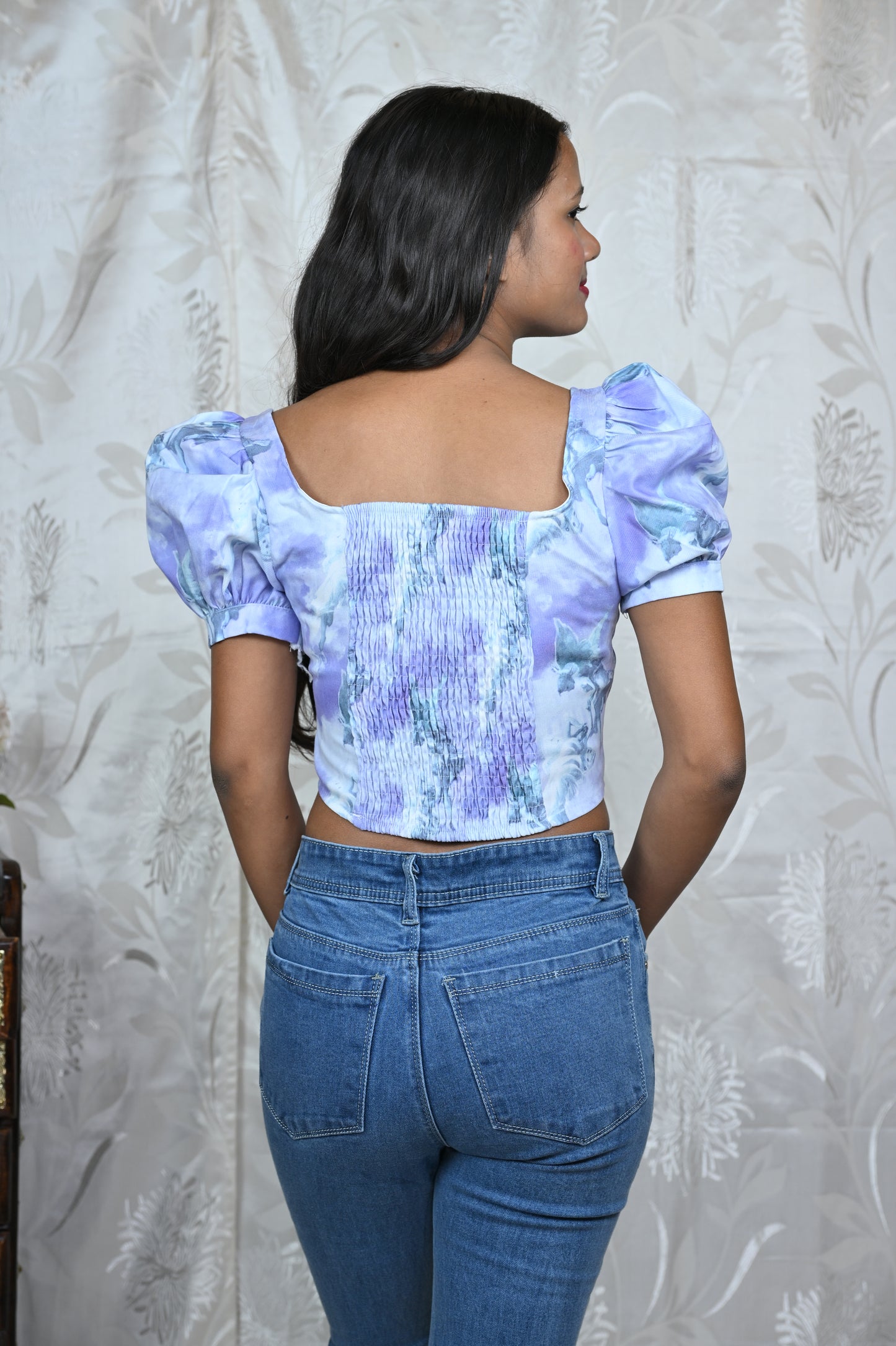 Angelic Print Puff Sleeve Corset Top