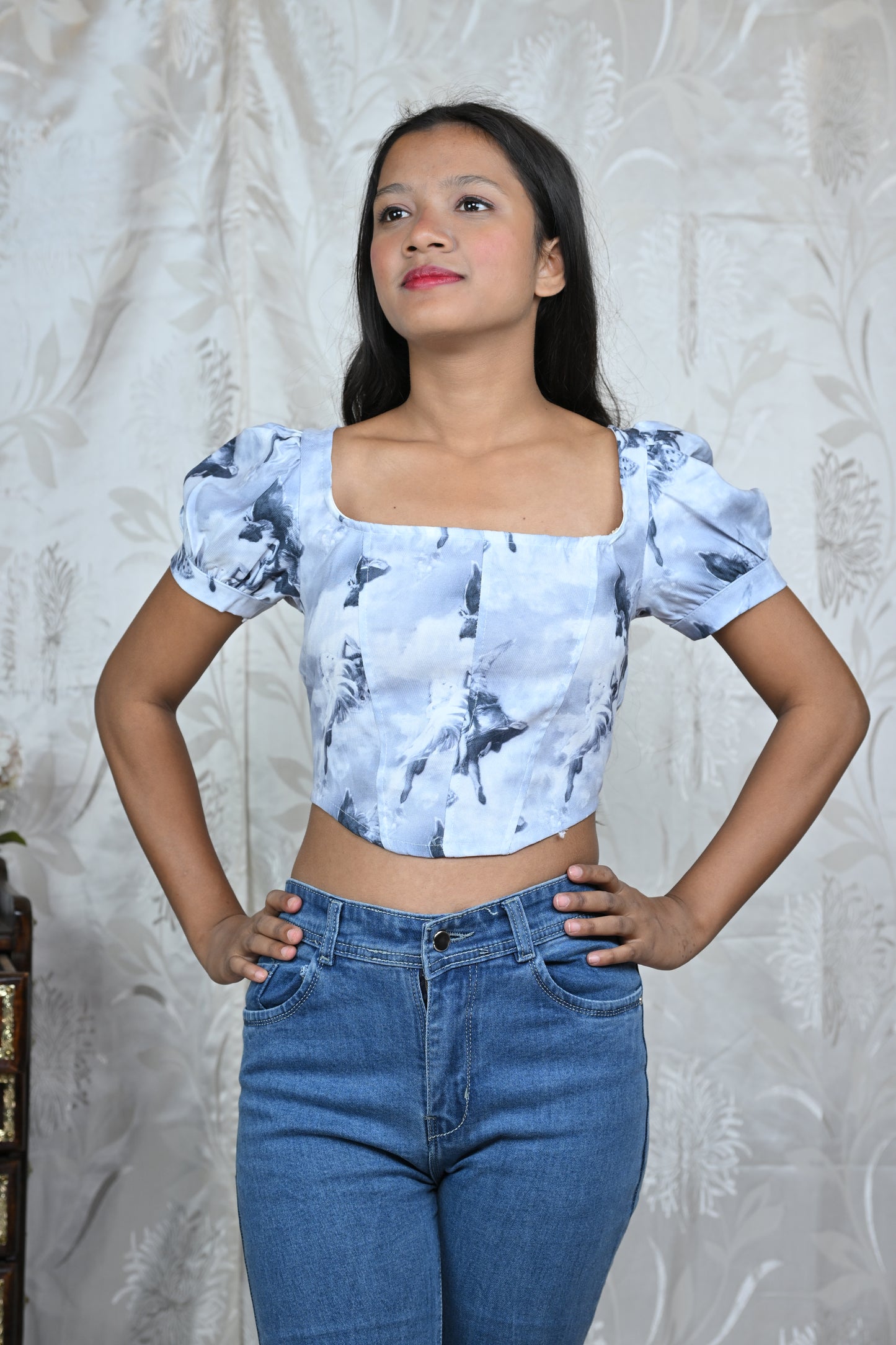 Angelic Print Puff Sleeve Corset Top
