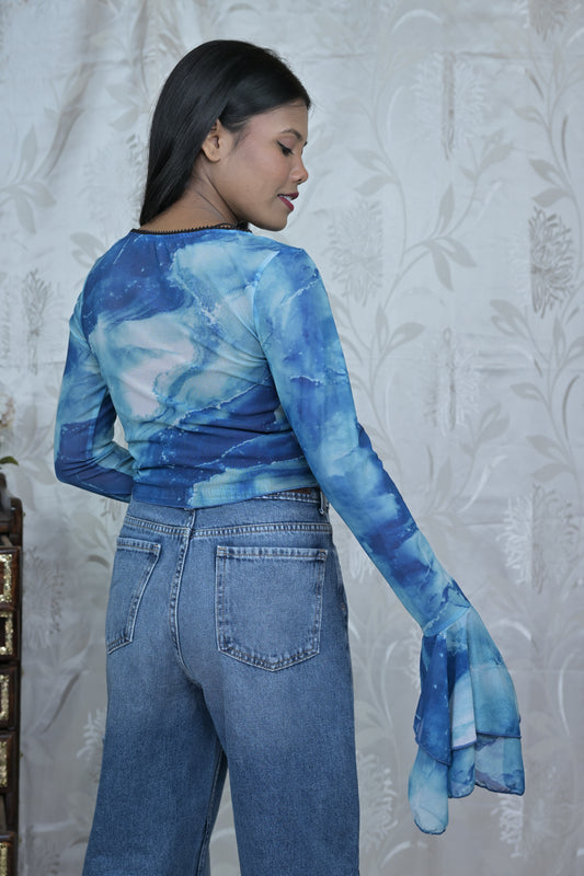 Tie-Dye Mesh Bell Sleeve Top
