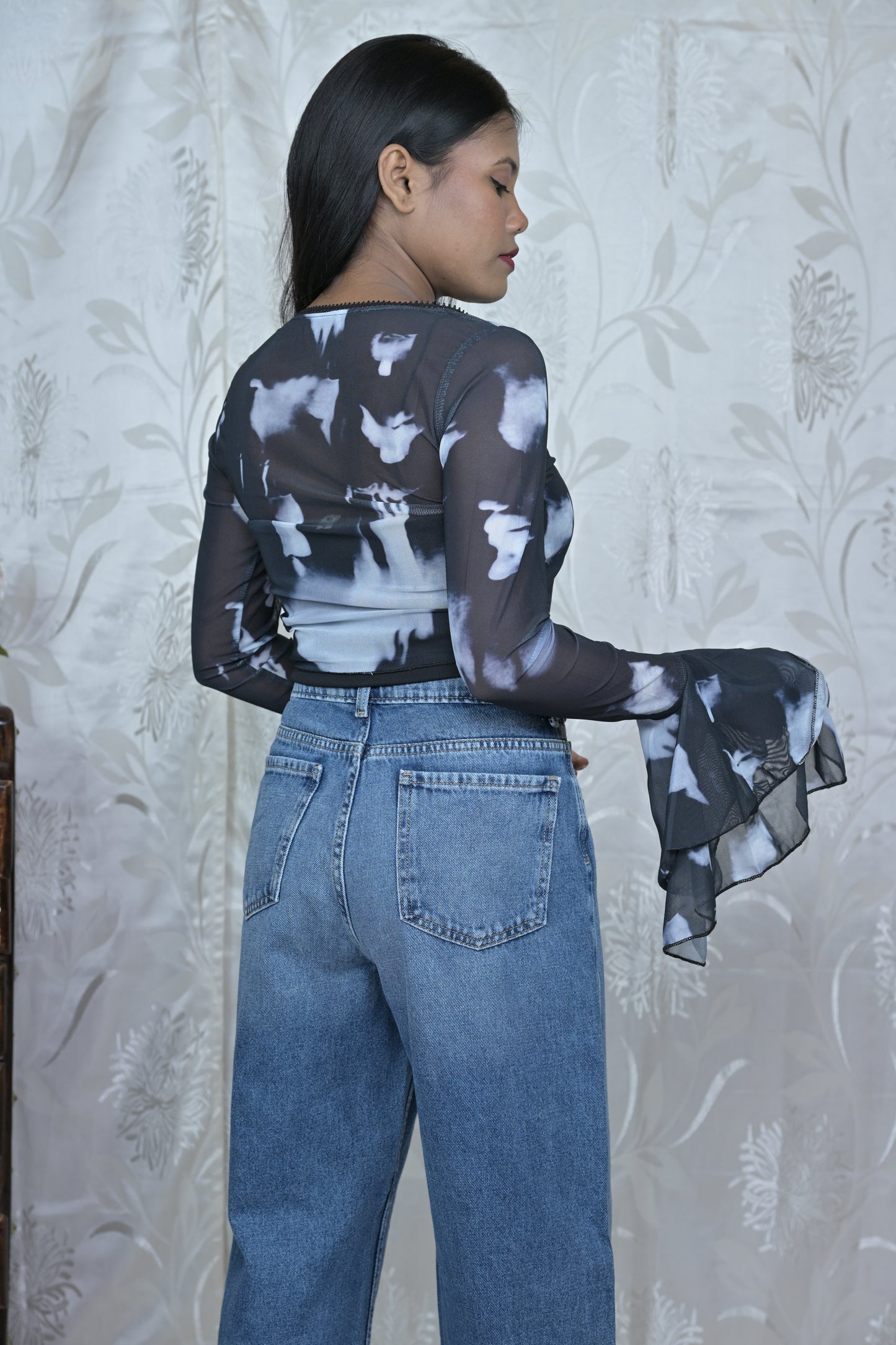 Tie-Dye Mesh Bell Sleeve Top