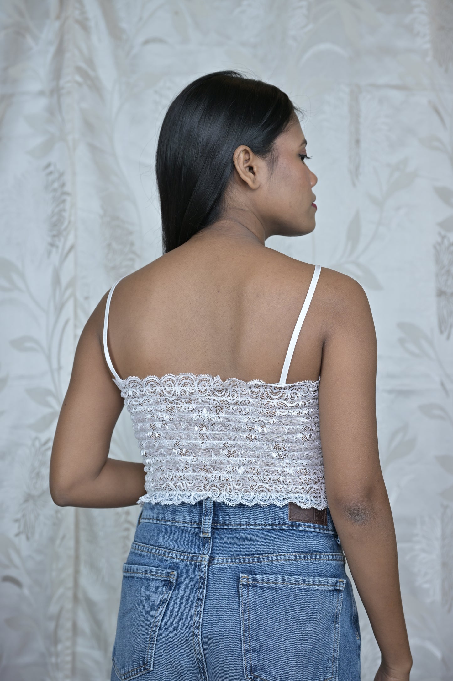 Women Brown Faux Leather Corset Crop Top with Lace Back Detail
