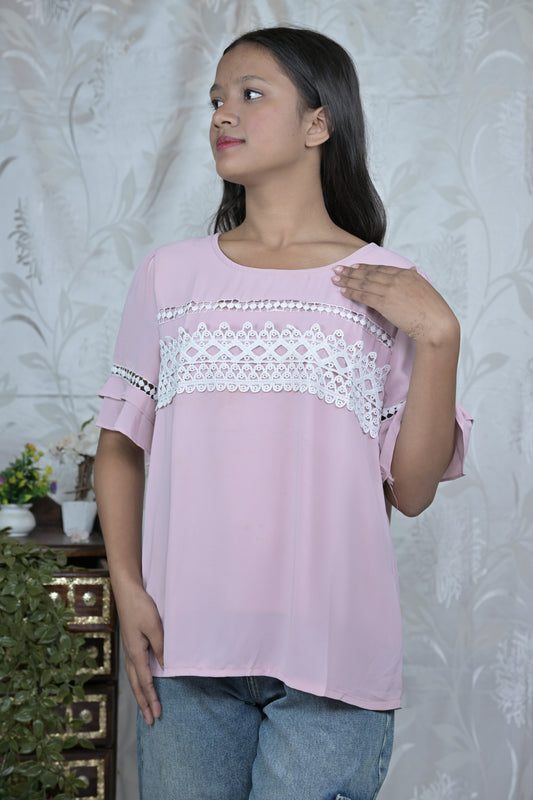 Blush Pink Ruffled Lace Detail Top