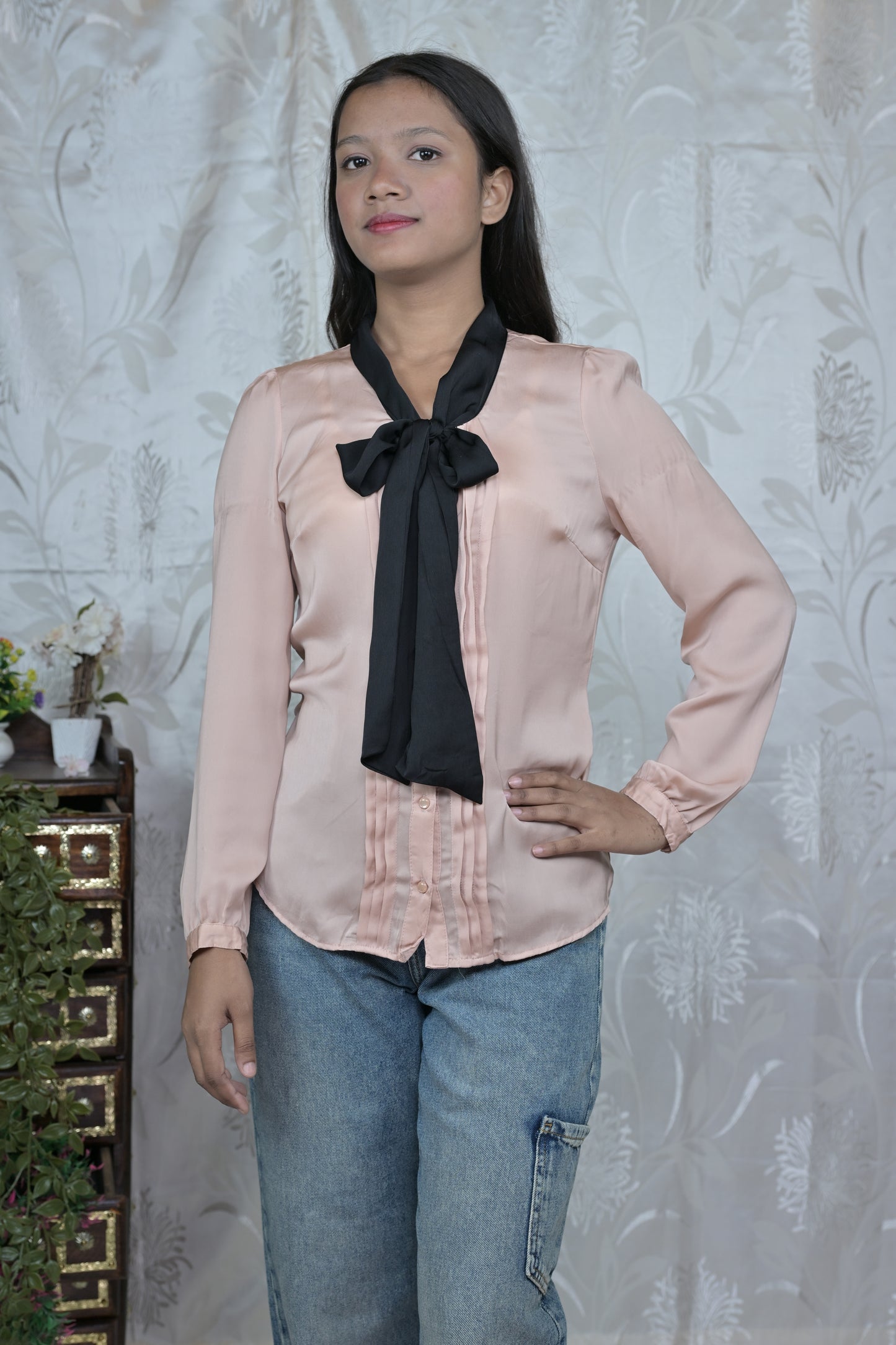 Blush Pink Satin Shirt with Contrast Neck Tie