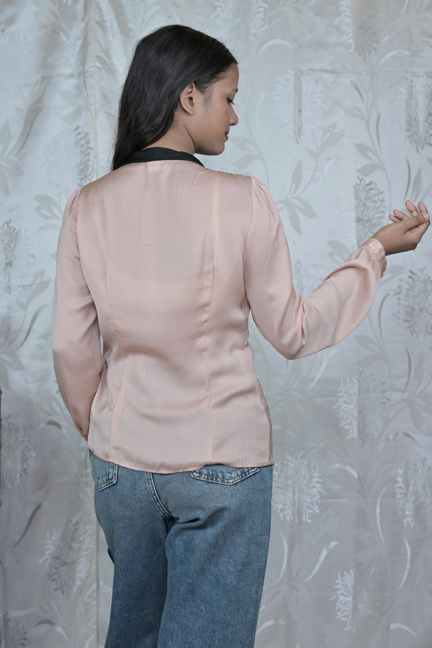 Blush Pink Satin Shirt with Contrast Neck Tie