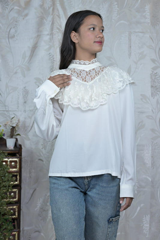 White Victorian Lace Panel Ruffle Top