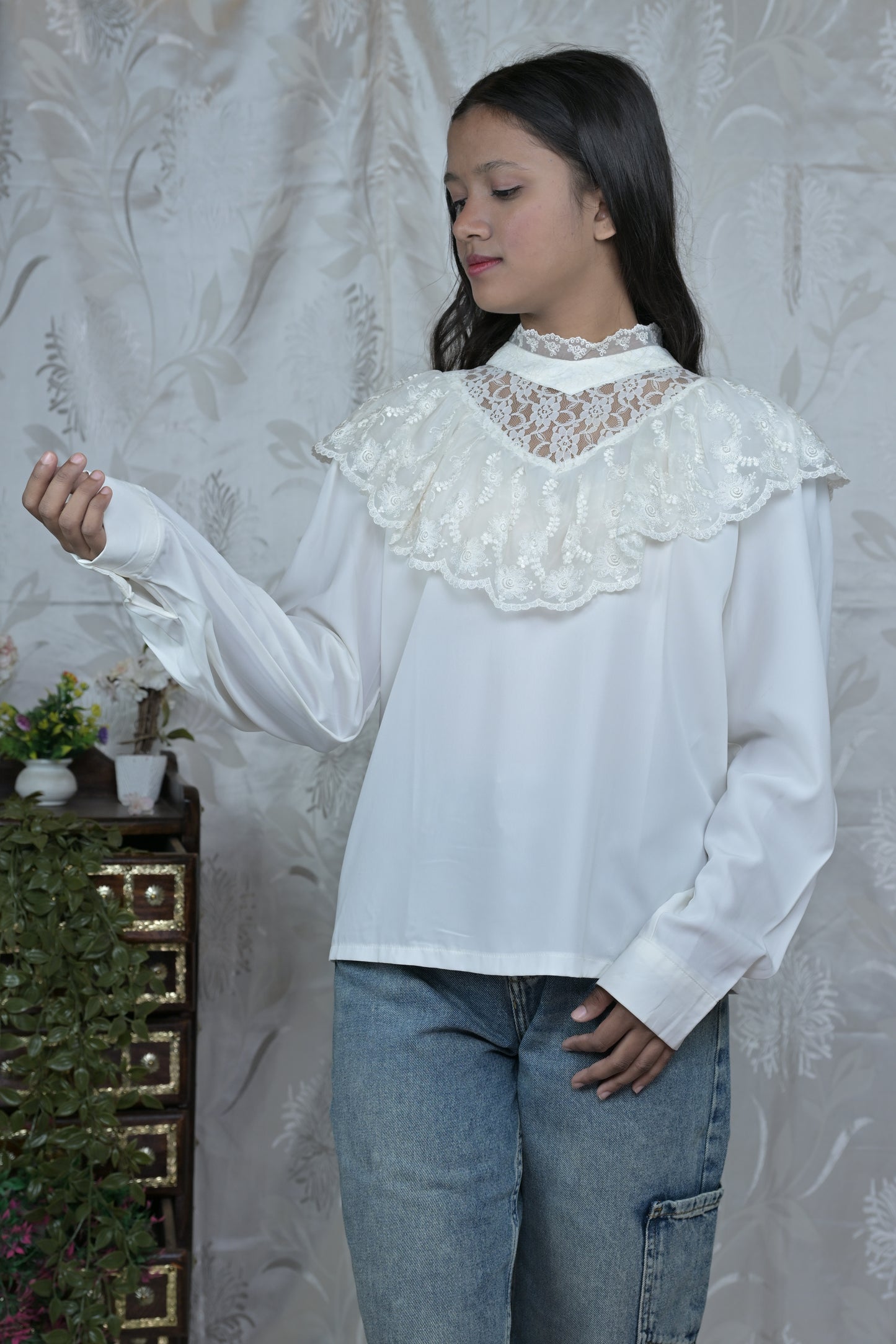 White Victorian Lace Panel Ruffle Top