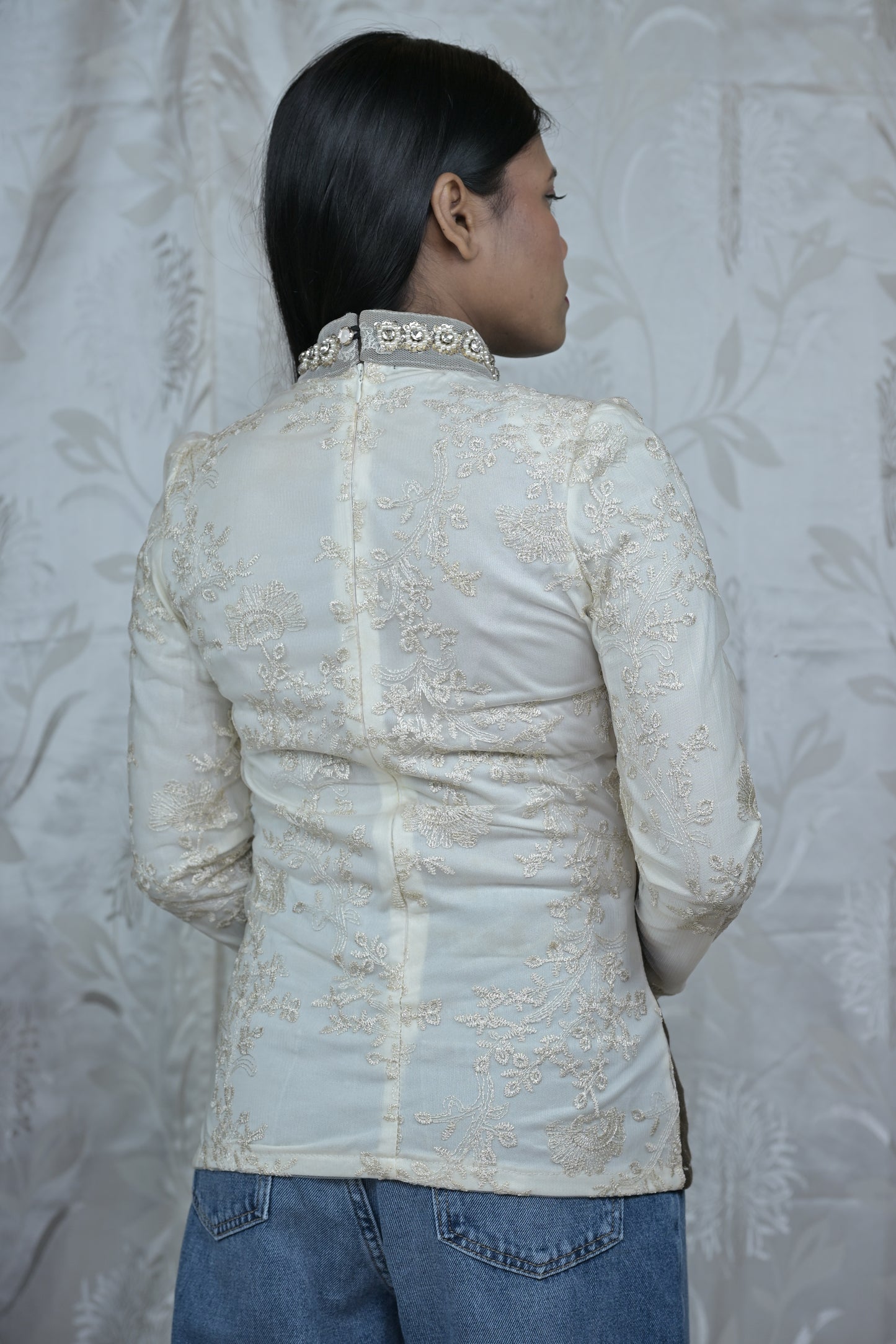 Olive Green & Ivory Embroidered Contrast Top