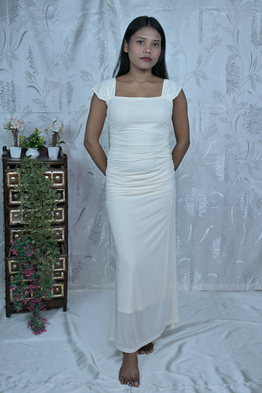 Elegant Off-White Ruched Maxi Dress