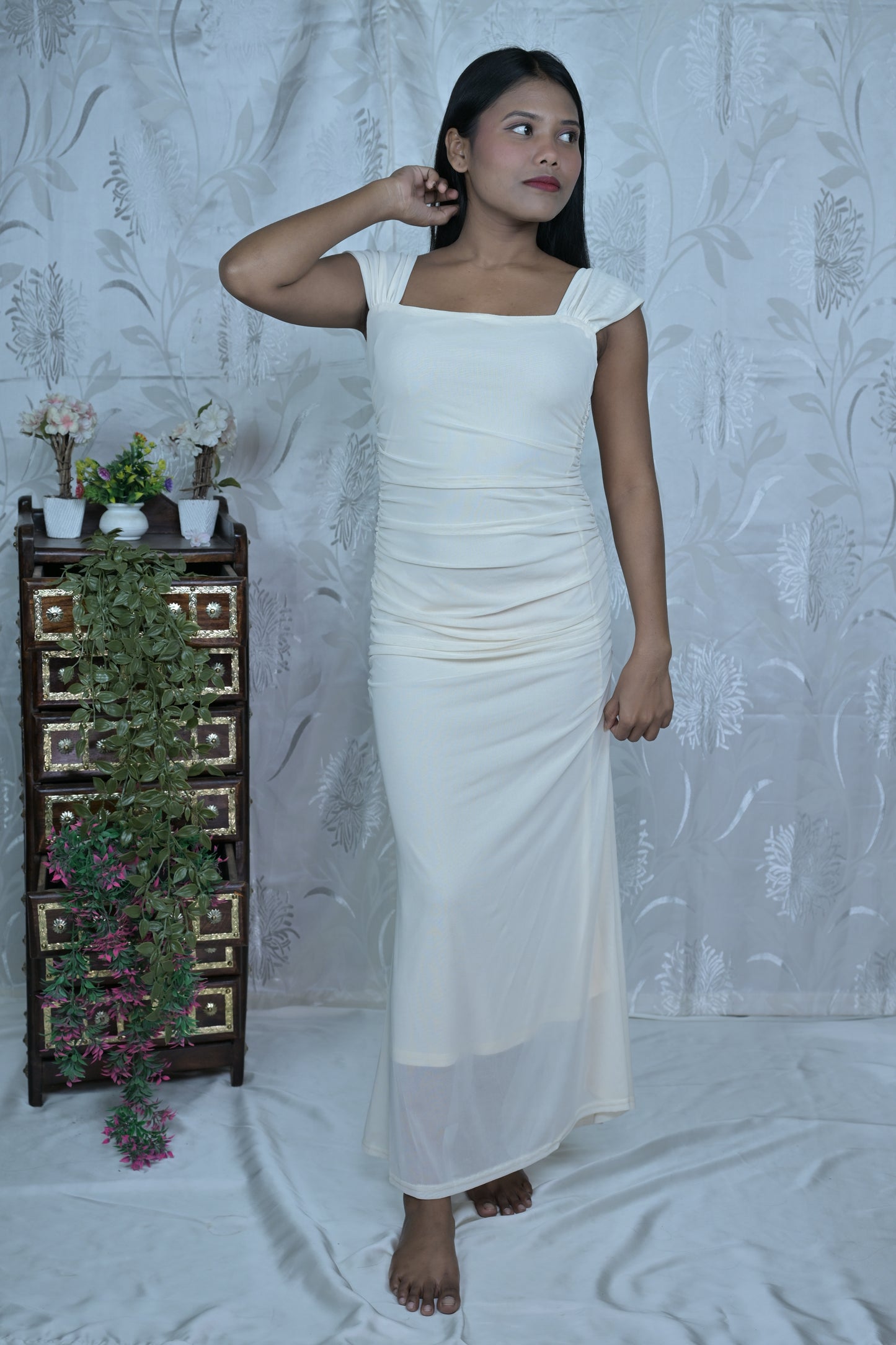 Elegant Off-White Ruched Maxi Dress
