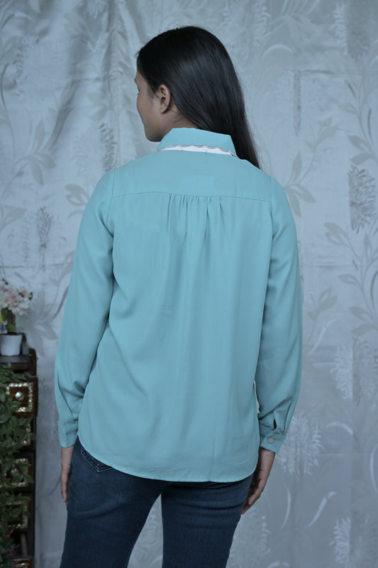 Teal Button-Down Shirt with Scalloped Trim