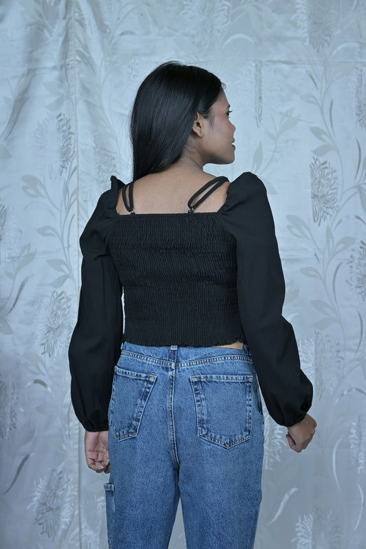 Black Twisted Front Top with Pearl Detail