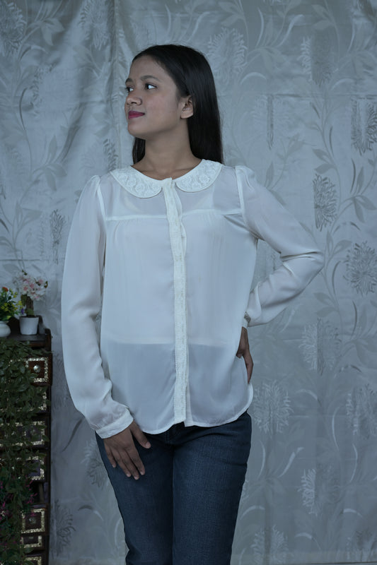 White Sheer Blouse with Embroidered Collar