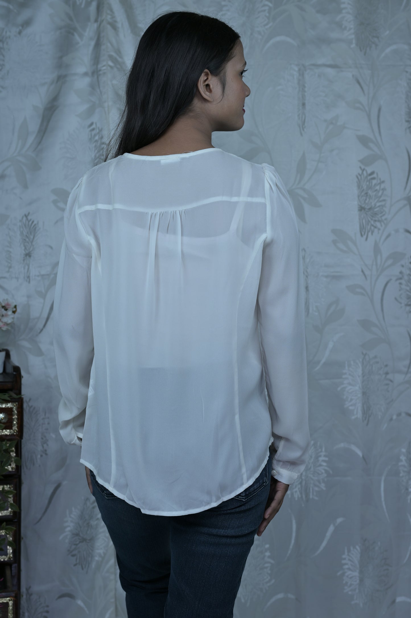White Sheer Blouse with Embroidered Collar