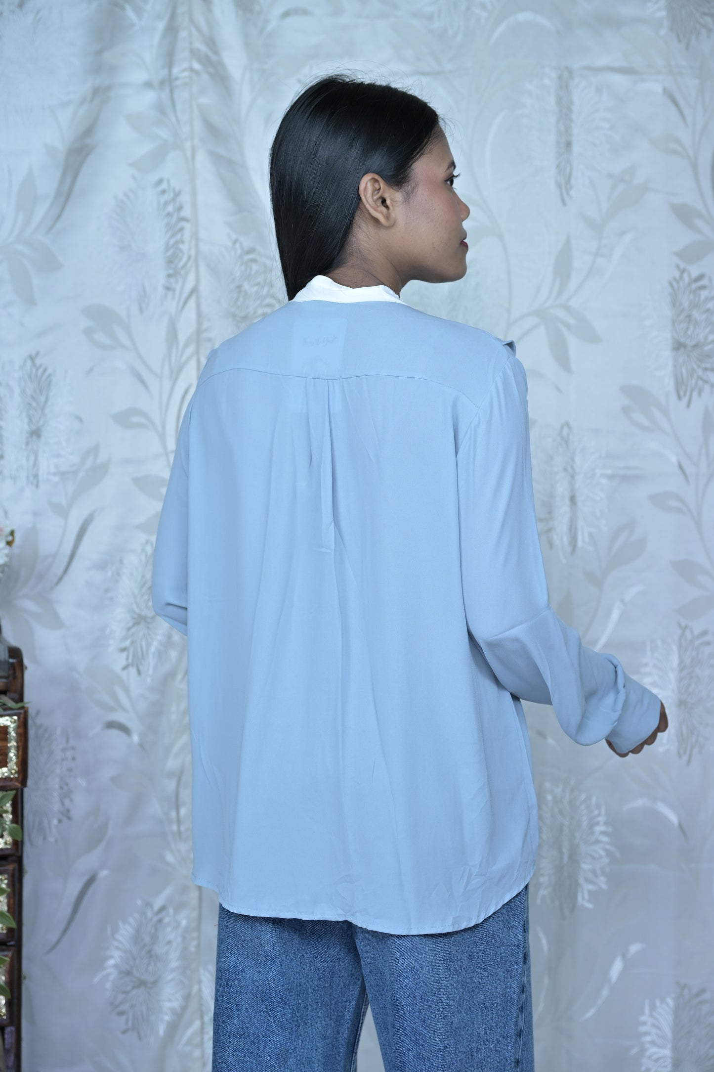 Charming Light Blue Ruffled Tie-Neck Top