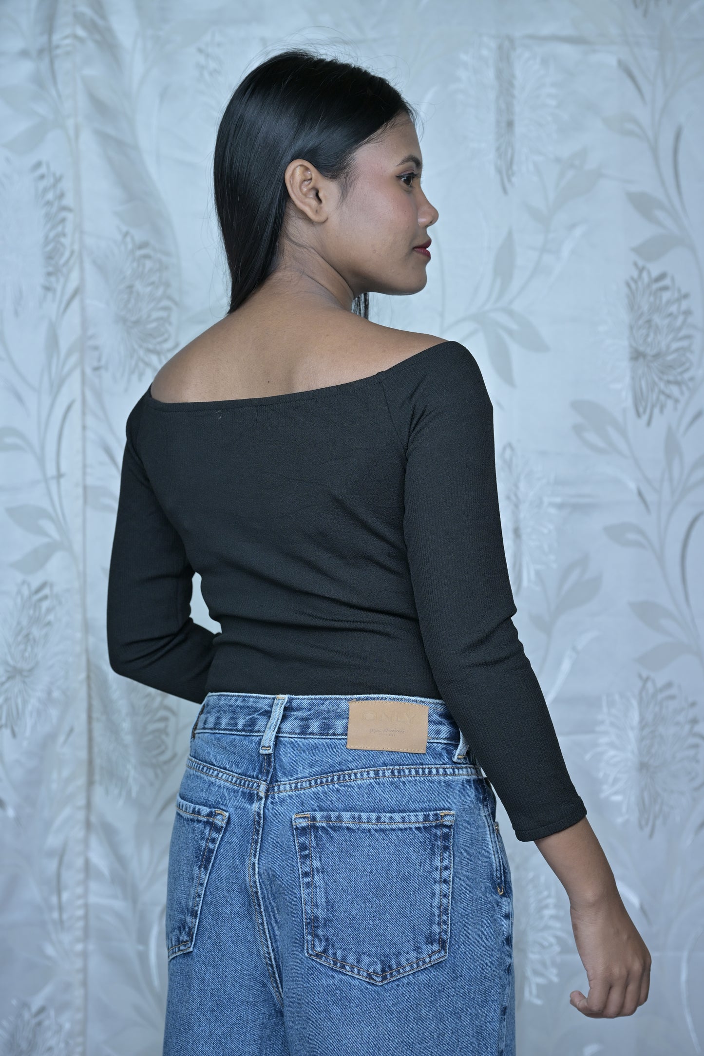Black Off-Shoulder Button Bodysuit
