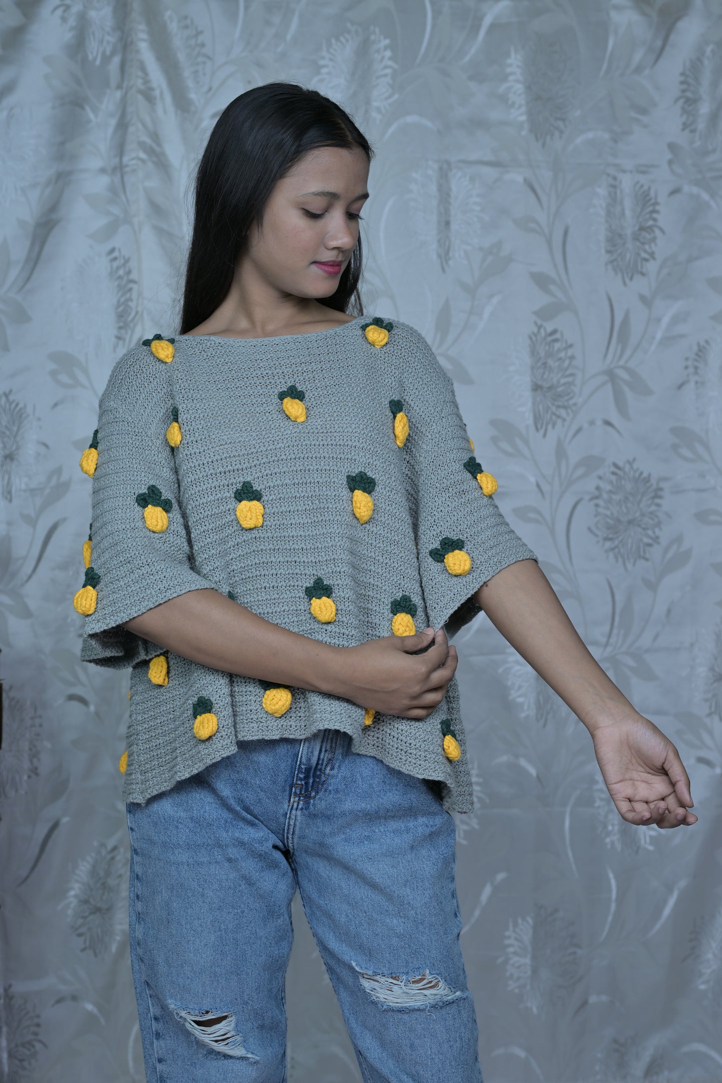 Grey Crochet Top with Pineapple Appliqués