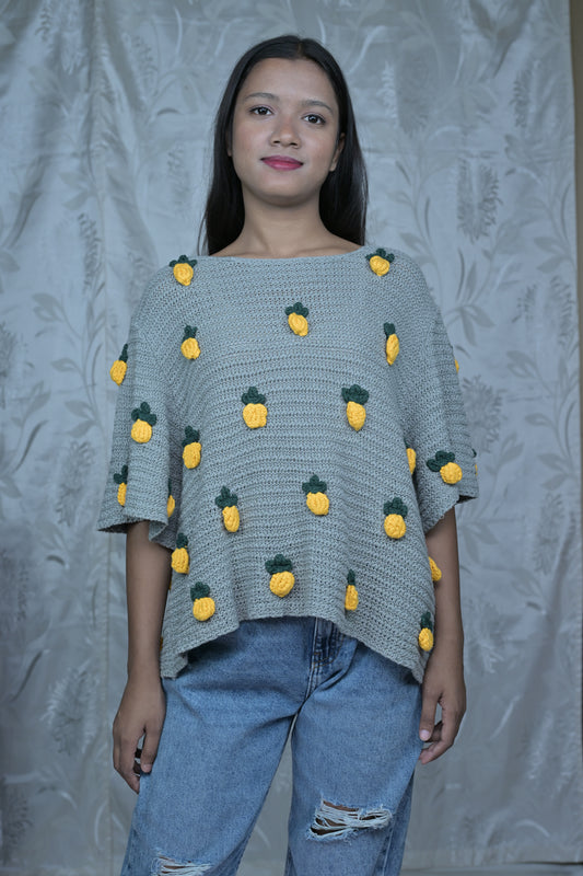 Grey Crochet Top with Pineapple Appliqués