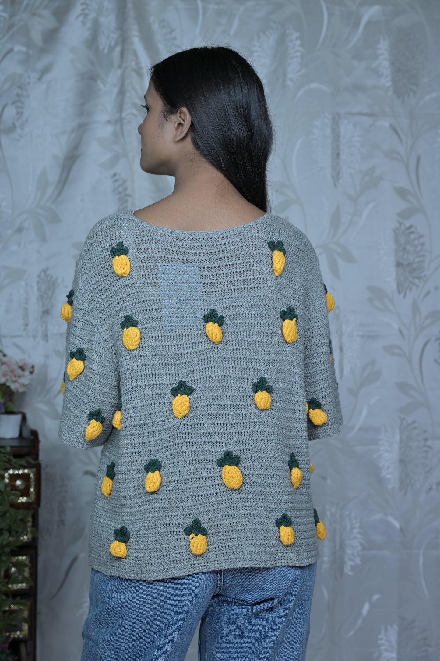 Grey Crochet Top with Pineapple Appliqués